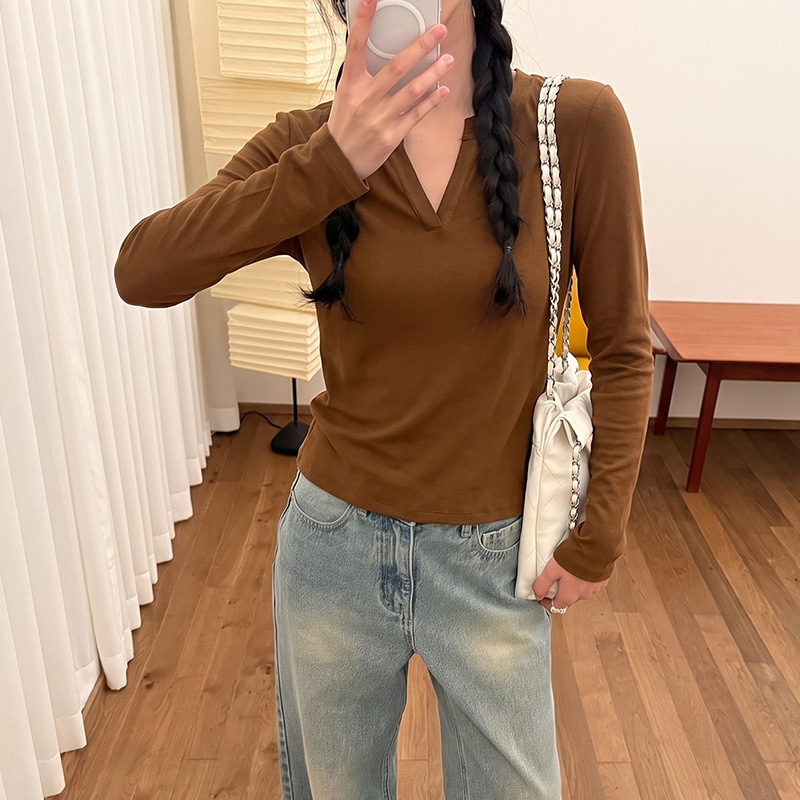 YOUYE 2026 Autumn New V-neck Long Sleeve T-shirt for Women, Korean Style Slim Fit Base Shirt, Women's Knit Top