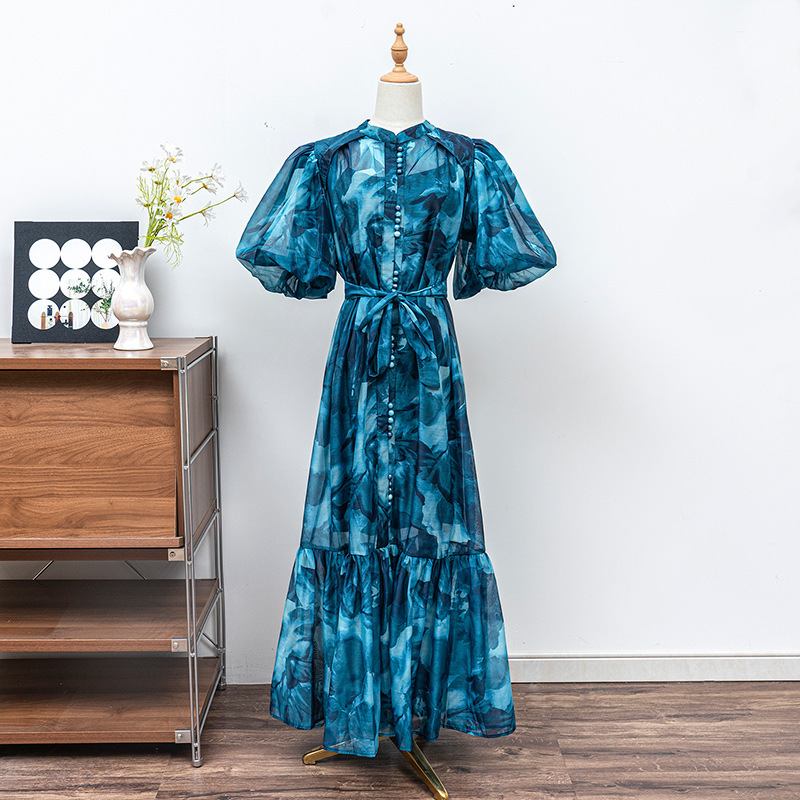 8582 Extended Age-Reducing Versatile Puff Sleeve Mid-Length Shirt Dress 2025 Spring Women's Single-Breasted Printed Lace-Up Dress