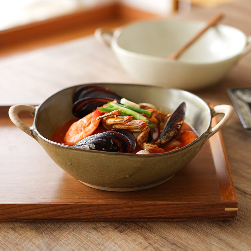 Nishida Muyu Binaural Soup Bowl Household Japanese-style Ramen Bowl Snail Powder Vintage Textured Ceramic Microwave Oven Special Bowl Nishida Muyu Binaural Soup Bowl Household Japanese-style Ramen Bowl Snail Powder Vintage Textured Ceramic Microwave Oven Special Bowl