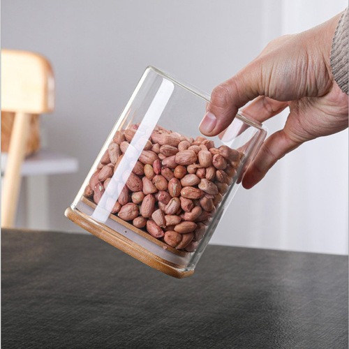 Square heat-resistant glass sealed jar household coffee bean storage jar with wooden spoon condiment bottle kitchen food storage jar