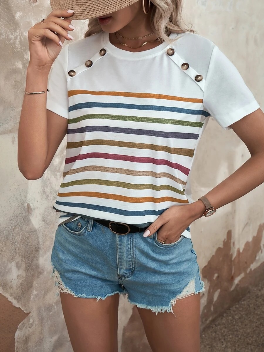 Blusa Casual de Verano para Mujer, Estilo Europeo y Americano, con Estampado de Rayas y Botones, Manga Corta, Nueva Colección 2026