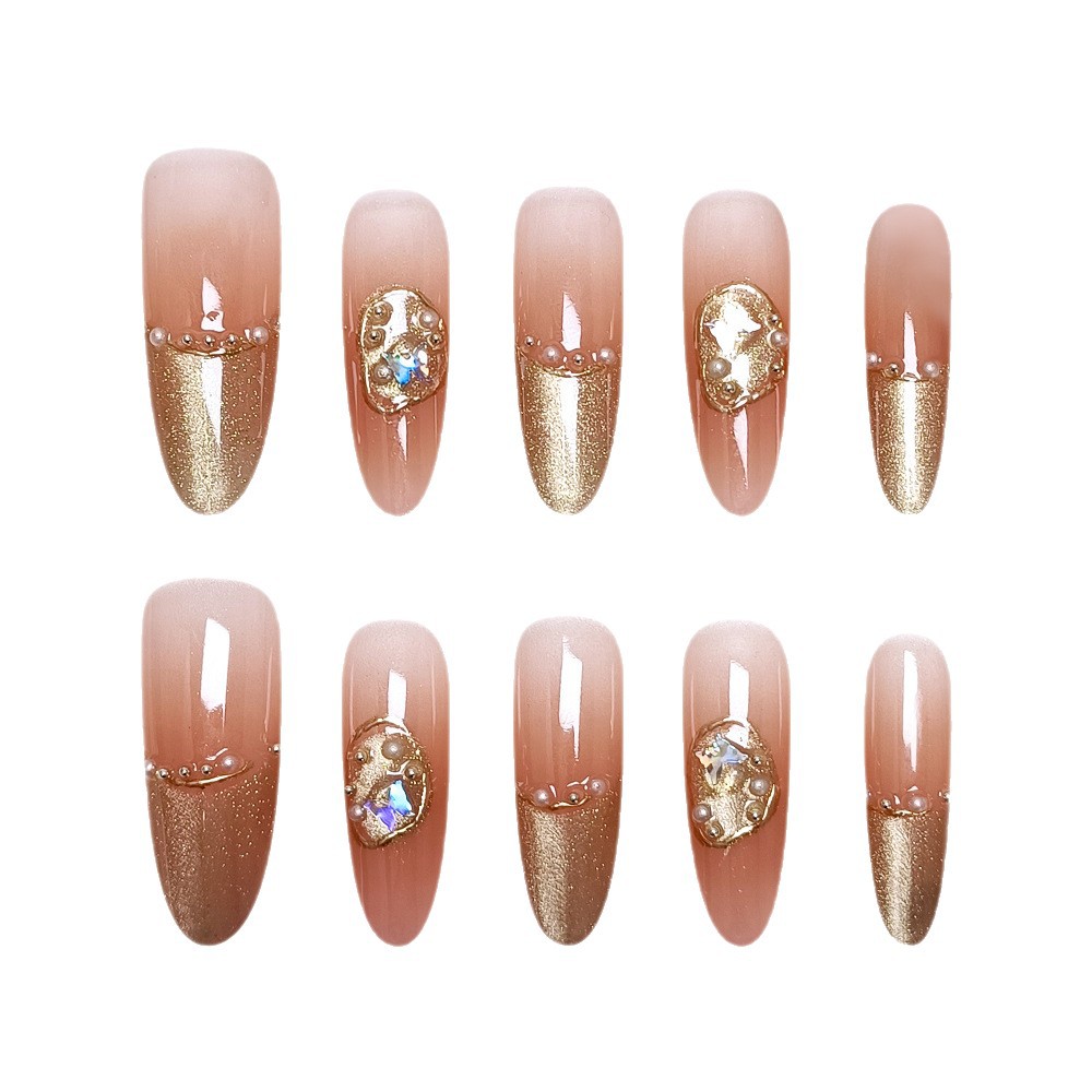 Champán dorado largo ovalado uñas uñas líneas doradas ojos de gato pegatinas de uñas 10 piezas de uñas hechas a mano image 6