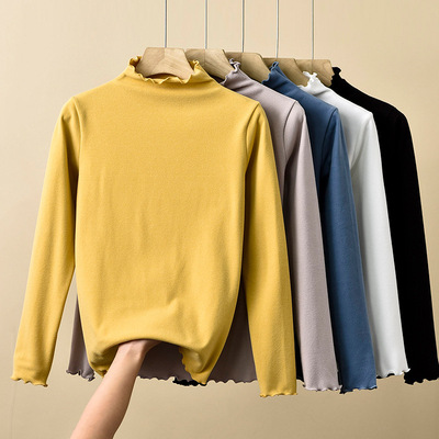 秋冬新款木耳邊德絨打底衫女半高領陽離子加厚品質內搭保暖長袖t