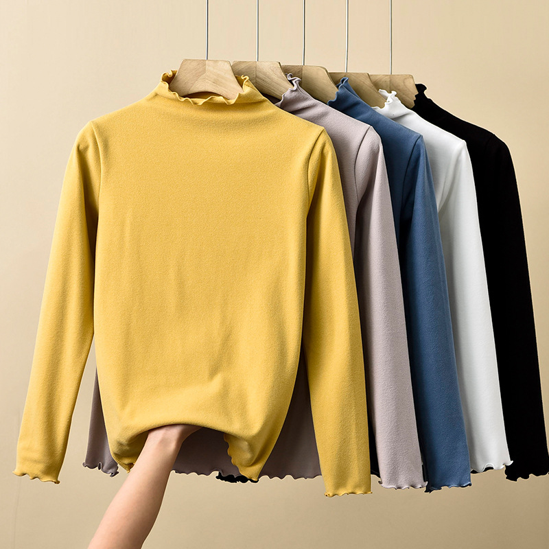 秋冬新款木耳邊德絨打底衫女半高領陽離子加厚品質內搭保暖長袖t