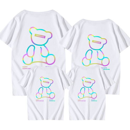 Lemond's new parent-child short-sleeved cartoon fashion reflective luminous bear couple wear pure cotton T-shirt family wear