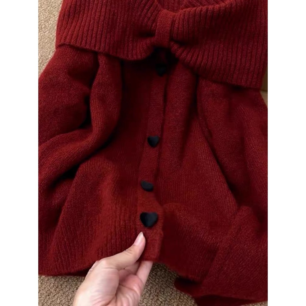 Precio real # hilo de núcleo # arco coreano un suéter de hombro para mujeres otoño y invierno de alta calidad camisa de punto abierta
