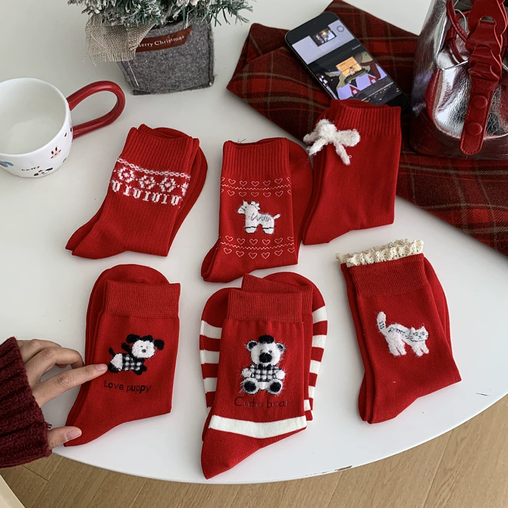 Suxinaimin, новогодние носки, женские осенне-зимние носки с ворсом до середины икры в виде животных, красные носки с ворсом в виде змеи