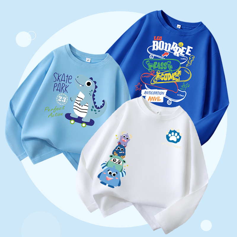 Trendy Children's Long-Sleeve T-Shirt 2026 Spring and Autumn Boys' Stylish Cartoon Top Pure Cotton Base Shirt