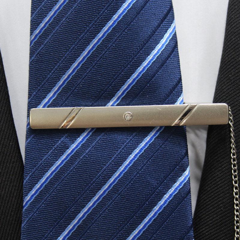 Men's Simple Silver Metal Tie Clip Business High-End Professional Pin Personalized Women's Crystal Tie Clip Chain