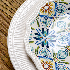 Eurasian Mediterranean Ceramic Plates for Home Use, Artistic Relief, Western-style Pasta Plates, Underglaze Painting, Round Flat Plate Set