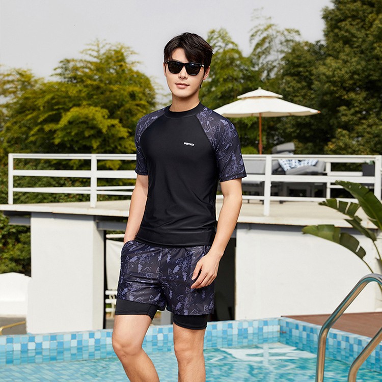 Men's Swimsuit Set, Double-Layer Anti-Embarrassment, Large Size Loose Swimming Trunks, Beach Vacation Swimwear, Sports Style, Quick-Drying