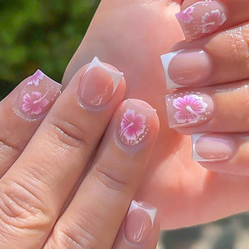 Cross-Border 24 Pieces of Pink and White Flower Wearable Nails, Short Nails, Spring and Summer New Square Short Nails, Manicure Nails, Wearable Nails Wholesale