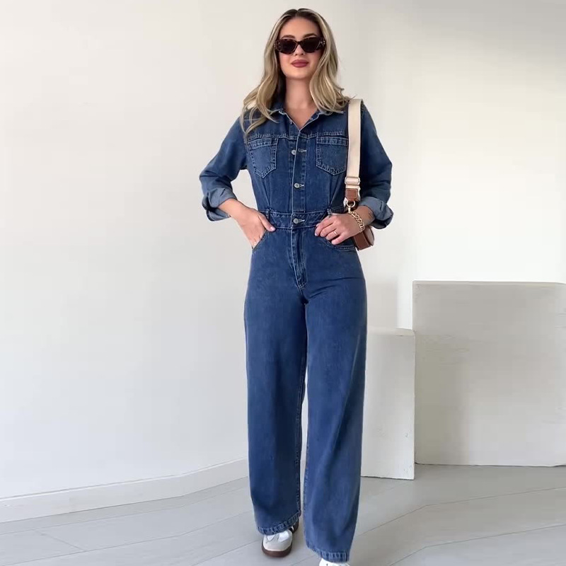 2024 otoño nuevo estilo europeo y americano Amazon transfronterizo ropa de mujer color sólido moda casual mezclilla cintura mono
