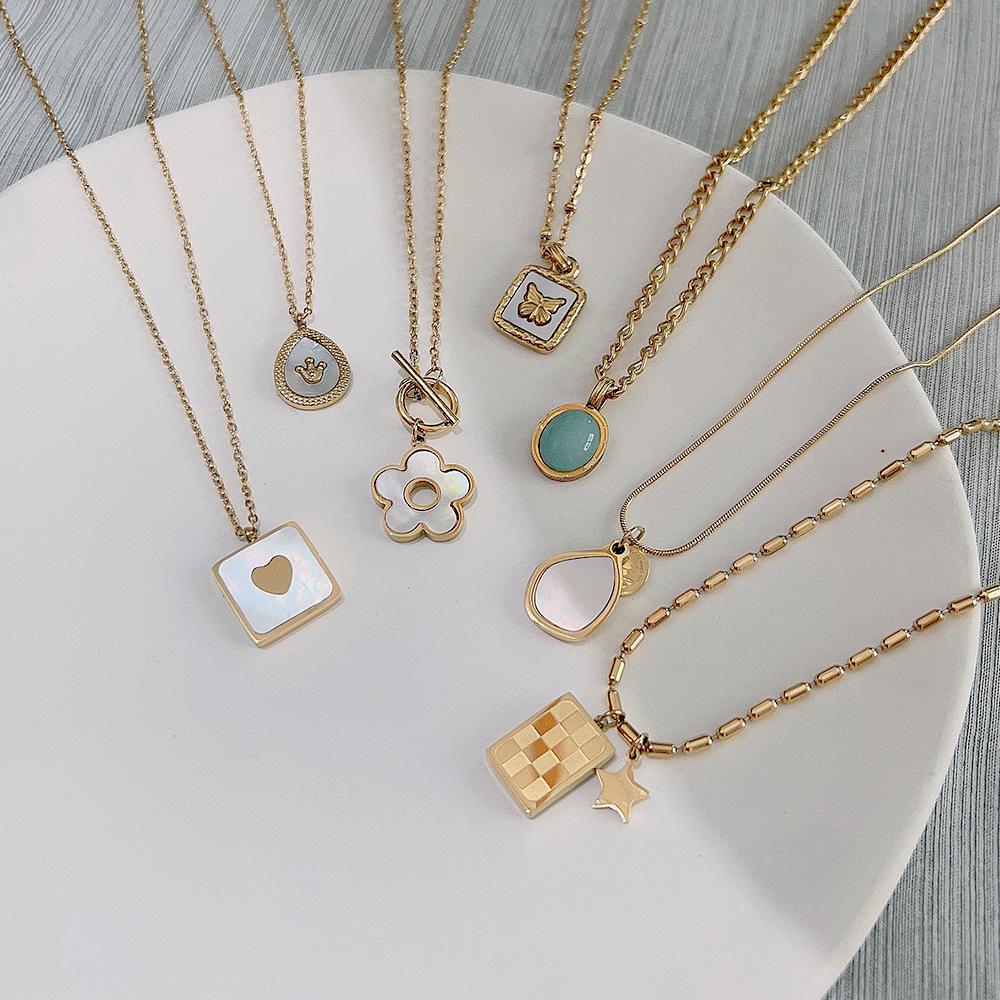 Fashion Square Water Droplets Flower Stainless Steel Titanium Steel Plating Inlay Shell Pendant Necklace Colorza_colorza_4