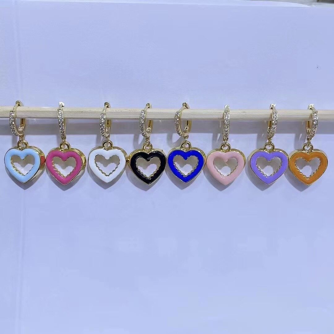 Korean Hit Color Peach Heart Earrings Hollow Dripping Oil Color Heart-shaped Pendant Earrings display picture 4