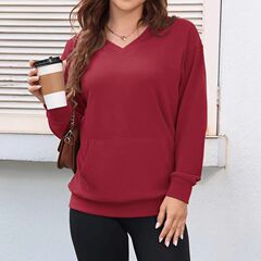 2025秋冬新款欧美跨境女装纯色V领宽松卫衣女长袖上衣大码休闲外