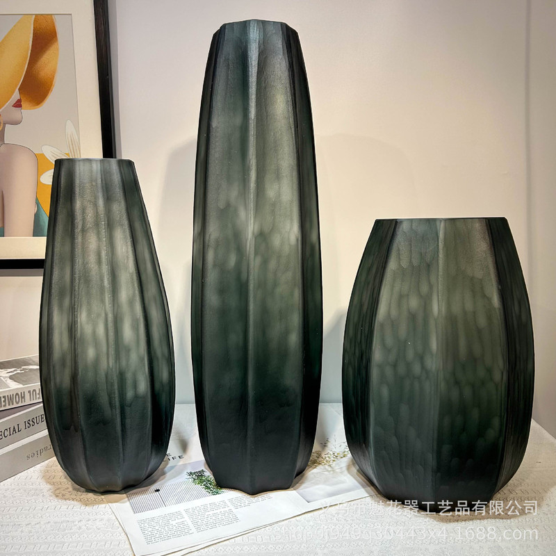 High-end Smoked Ash Large Diameter Floor Hand Grinding Engraved Vase Art Home Living Room Model Room Flower Arrange Decoration