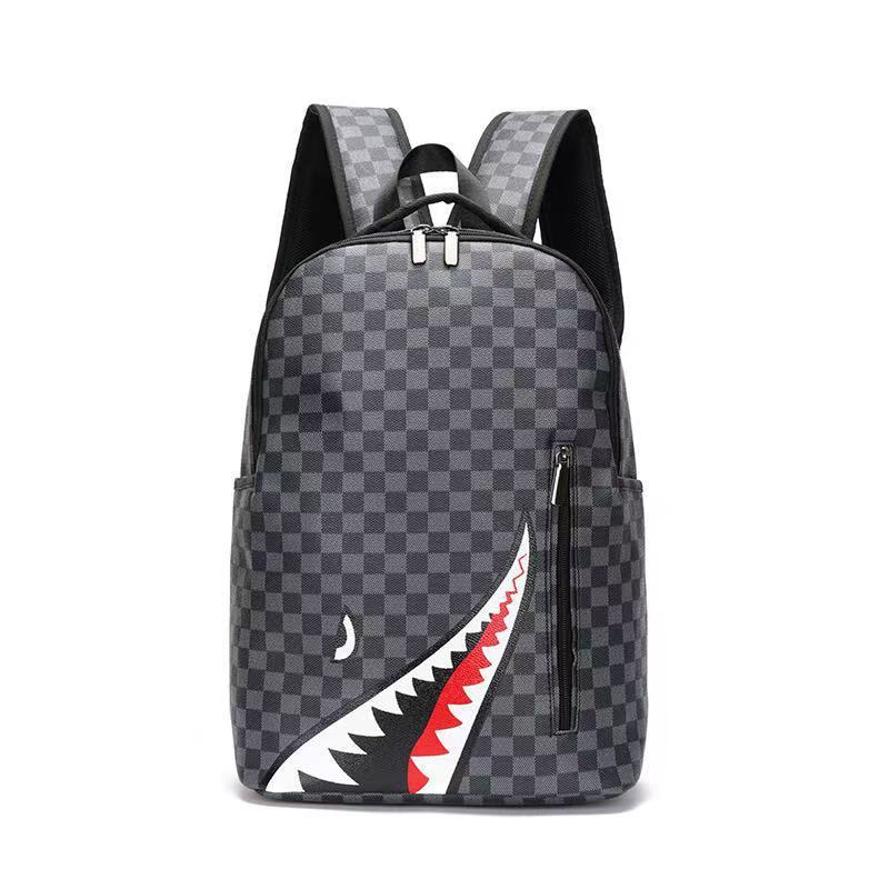 新しいシンプルな個性ファッションサメバックパックメンズバックパックチェック柄高校生大学生バッグコンピュータバックパック|undefined