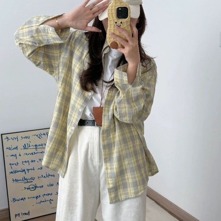格子长袖衬衫女士春秋季2025新中长款宽松慵懒设计感开衫外套上衣|undefined