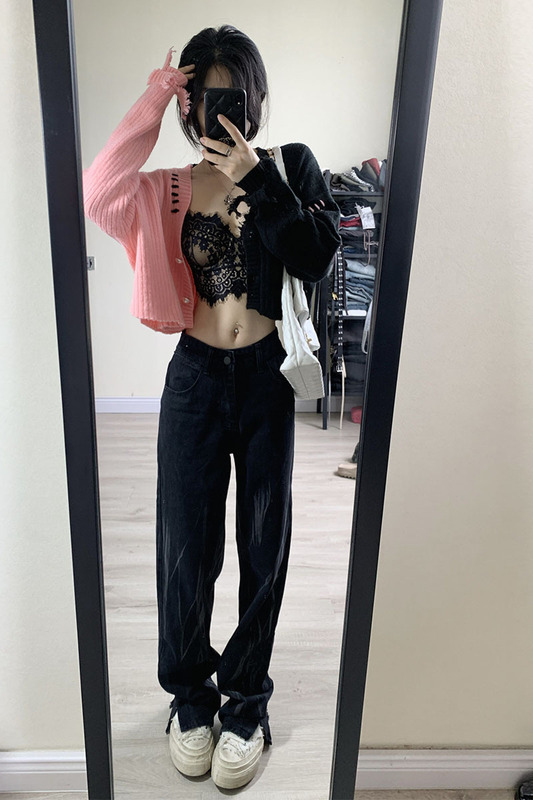 European and American Style Wash Tie Dye Casual Destruction Hem High Street Tall and Slim Old Black Split Denim Trousers