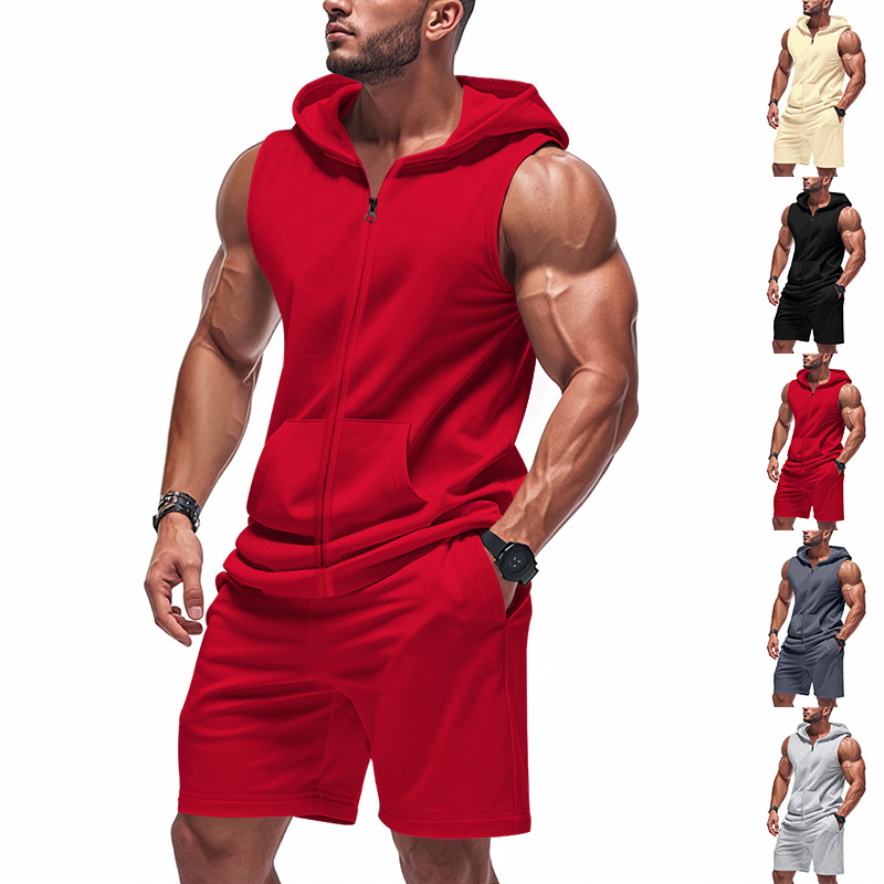 Cross-border Amazon Hot Sale Summer Men's Hooded Cardigan Zipper Sweater Vest Vest Shorts Casual Sports Cover