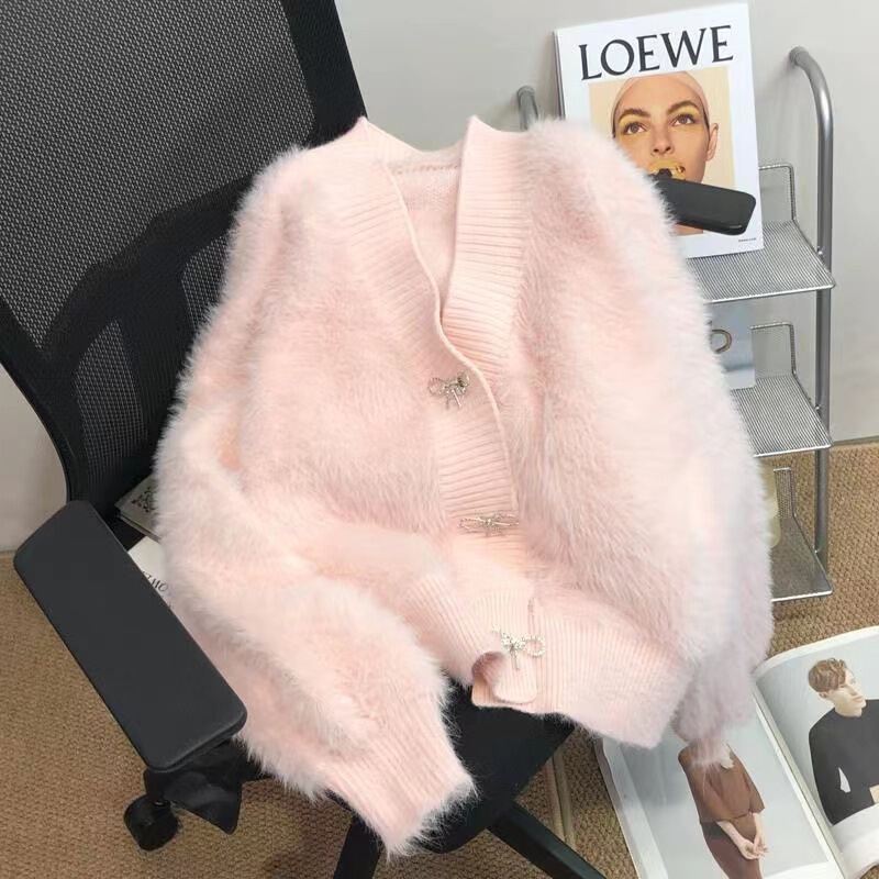 High-grade Mink Velvet Pink Sweater Coat Women's Autumn and Winter New Thickened Loose Elegant V-neck Knitted Cardigan