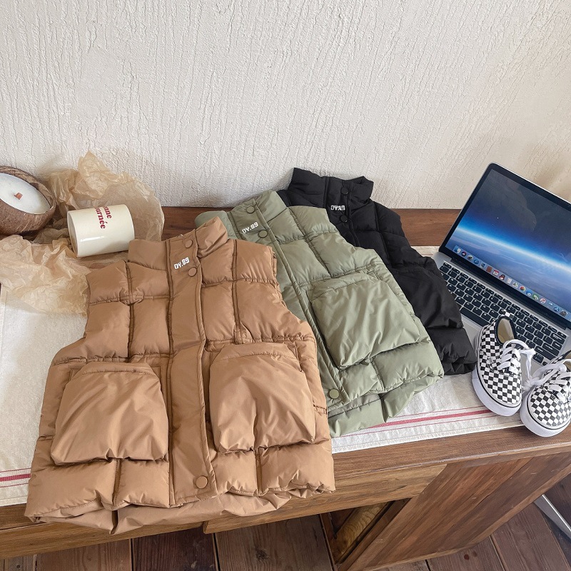 Ropa para niños chal de algodón grueso mediano y grande color sólido para niños cálido abrigo coreano Otoño e Invierno Chaleco de algodón invierno para niños marrón