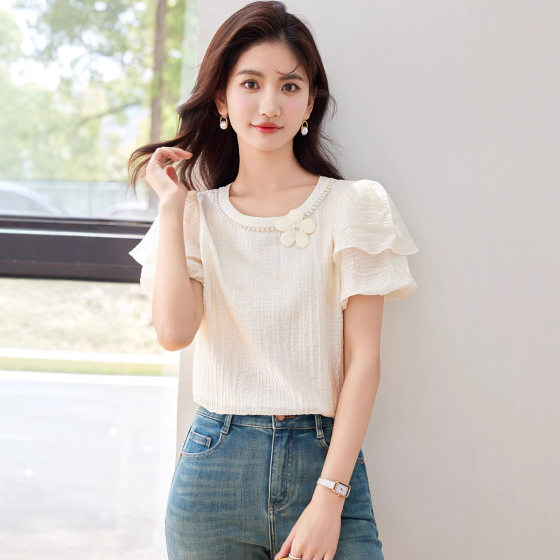 Summer Chiffon Short-sleeved T-shirt Women's Summer 2025 New French Style Age-reducing Puff Sleeve Top Design Chic