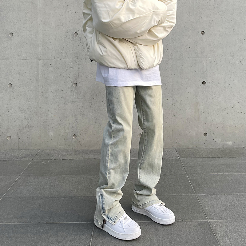 American High Street Vibe vintage lavado apenado amarillo barro teñido cremallera split jeans hombres pantalones largos rectos