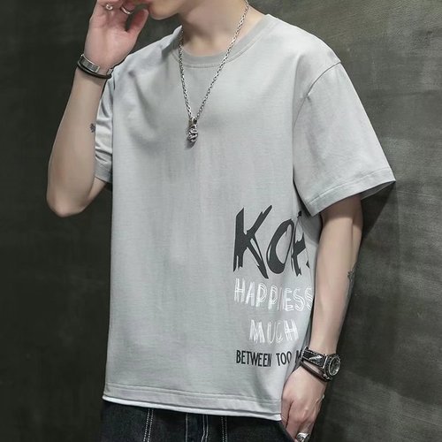 Trendy short-sleeved T-shirt men's summer new trendy loose half-sleeved T-shirt round neck versatile fake two-piece top