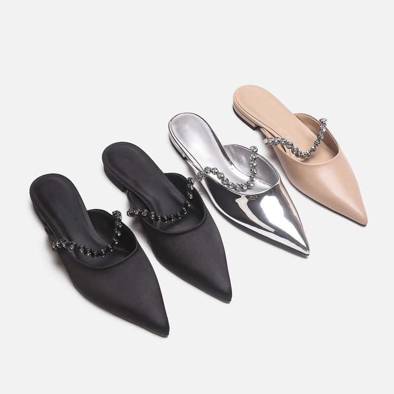 Silver Gemstone Chain Pointed Toe Mules For Women Elegant Flats_voghion.com