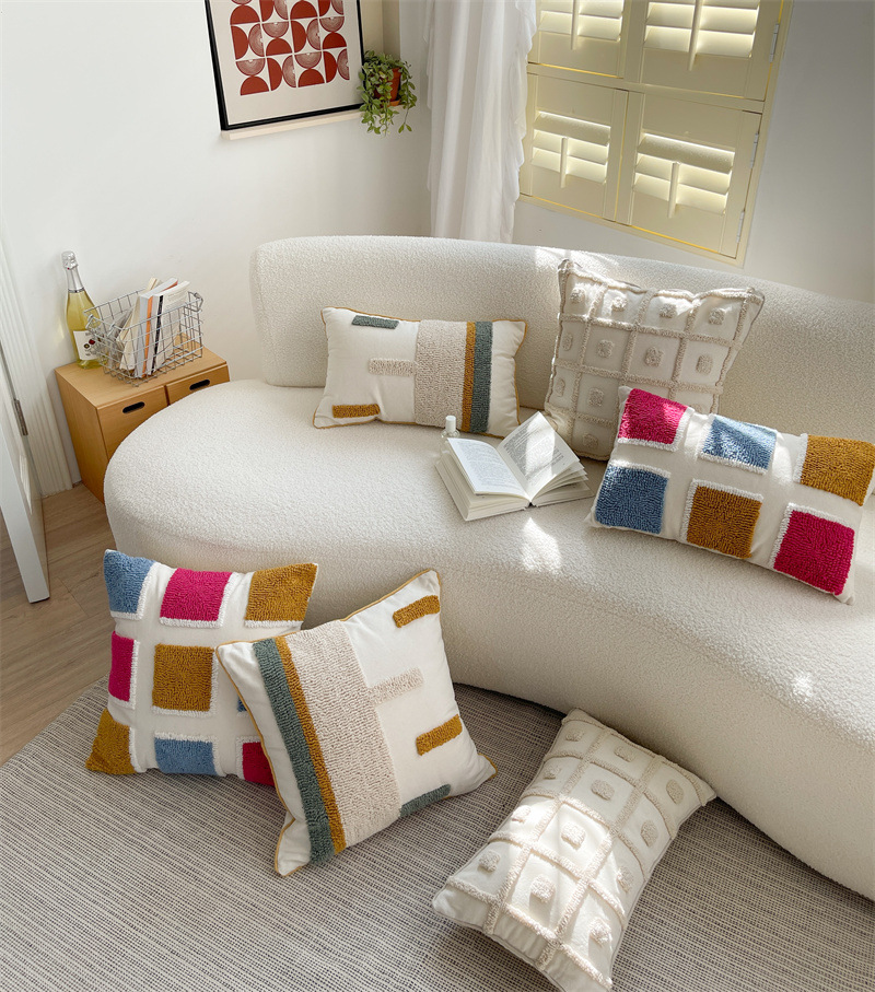 Federa per cuscino in tela di cotone stile nordico, modello di decorazione per la casa, modello di velluto, a righe geometriche, ricamata, per divano_voghion.com