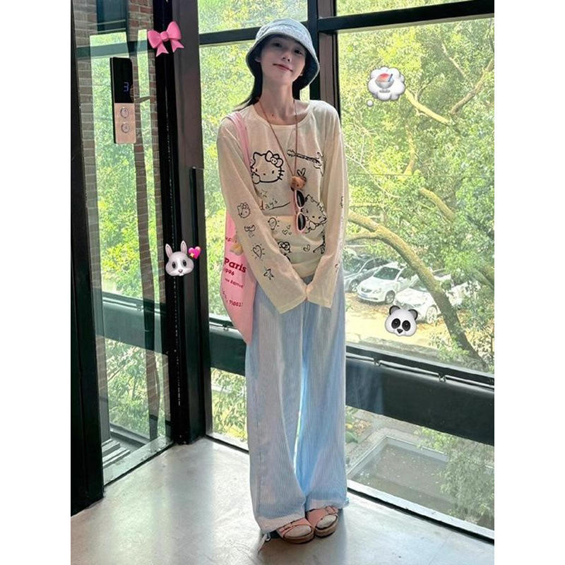 Cute Kitty Print Slightly See-Through Thin Long-Sleeved T-Shirt for Women Summer Loose Lazy Style Sun Protection Cover-Up Top Wholesale