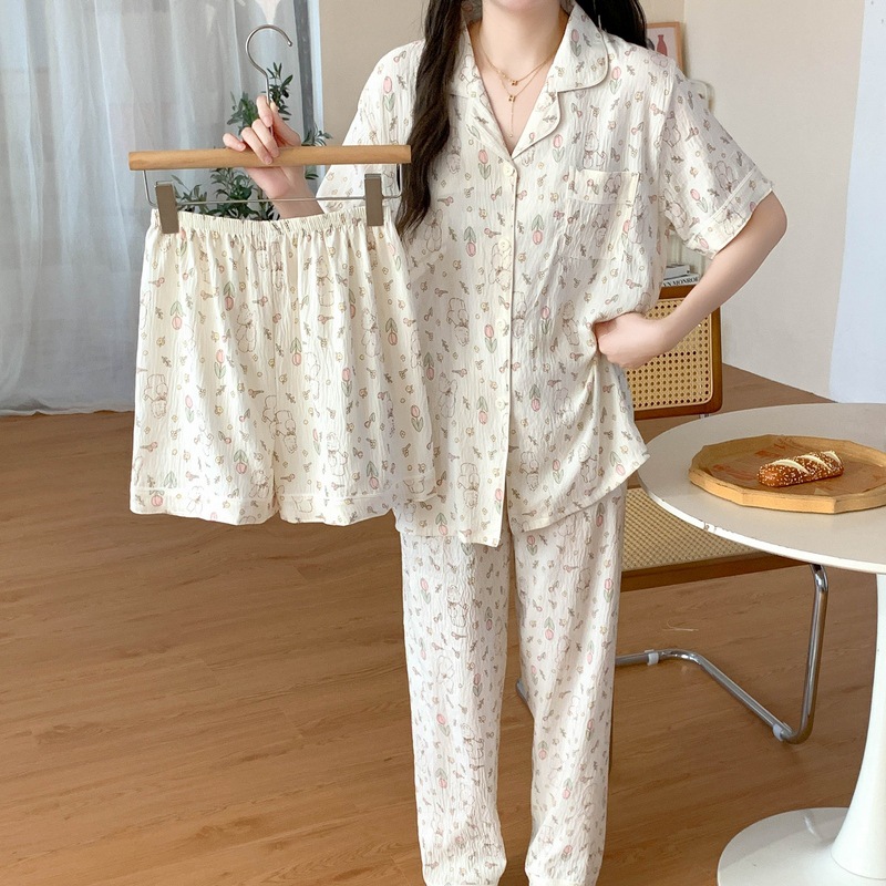 튤립 토끼 코튼 파자마 가슴 패드 여성용 여름 얇은 반팔 3 피스 세트 느슨한 거즈 홈 옷