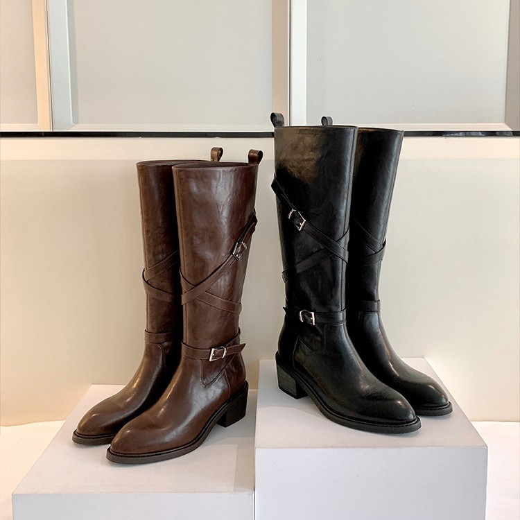 【苏家】二妹扣子靴~尖头交叉扣带粗跟高筒长靴机车靴女骑士靴