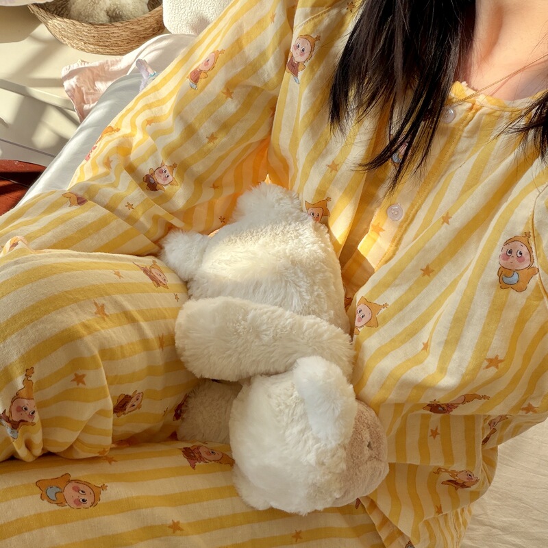 Round Neck Long-Sleeved Long Pants Class a Pure Cotton Double-Layer Gauze Pajamas Pullover Loungewear Pure Cotton Gauze Skin-Friendly Breathable Soft