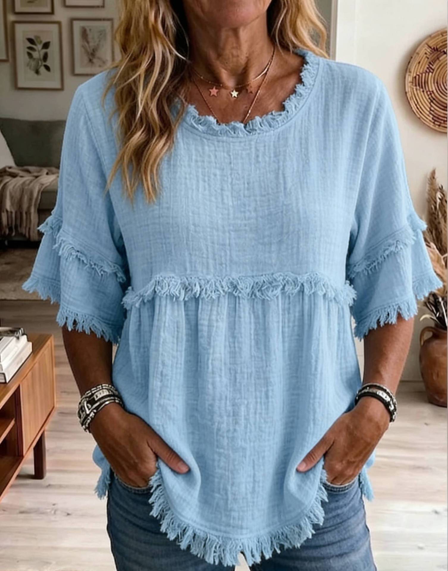Camicetta retro da donna con frange texture e girocollo_voghion.com