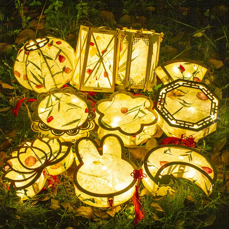 中秋节灯笼古风汉服花草纸手提发光灯笼儿童手工diy材料包批发