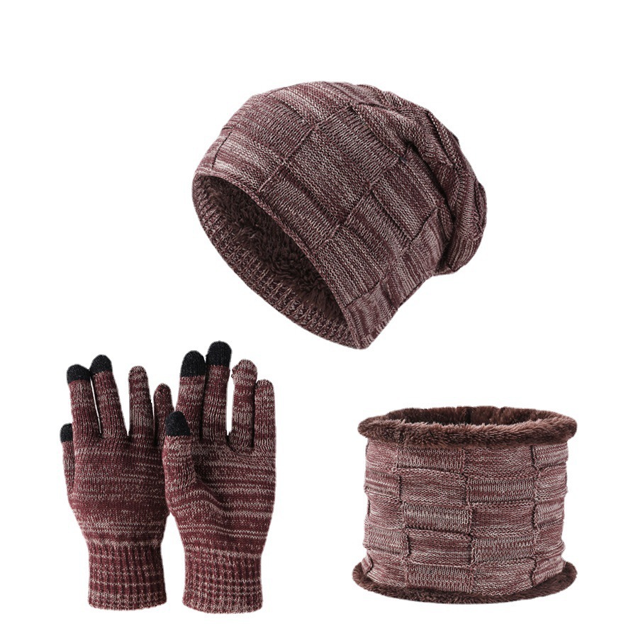 Neue grenzüberschreitende europäische und amerikanische Strickmütze, Herbst- und Wintermütze aus dickem Samt für Herren und Damen, dreiteiliges Set mit Hals- und Handschuhstücken_voghion.com
