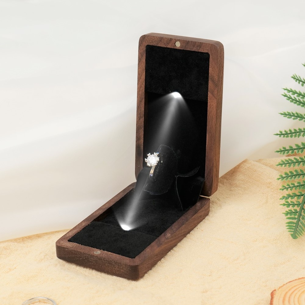 Black walnut solid wood ring box with LED light ring storage wedding commemorative Valentine's Day gift laser engraving