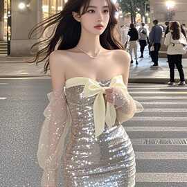 银色一字领蝴蝶结设计网纱长袖细闪连衣裙女秋季法式千金包臀短裙