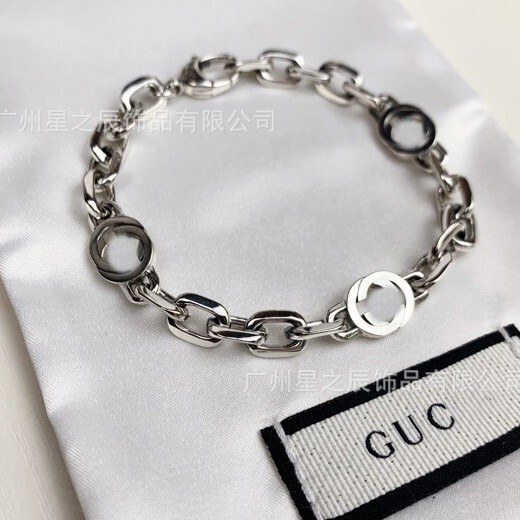 Real Shot of Gujia's Version with Standard Letters Interlocking Double g White Gold Bracelet for Women Retro Old Bracelet for Women Wholesale