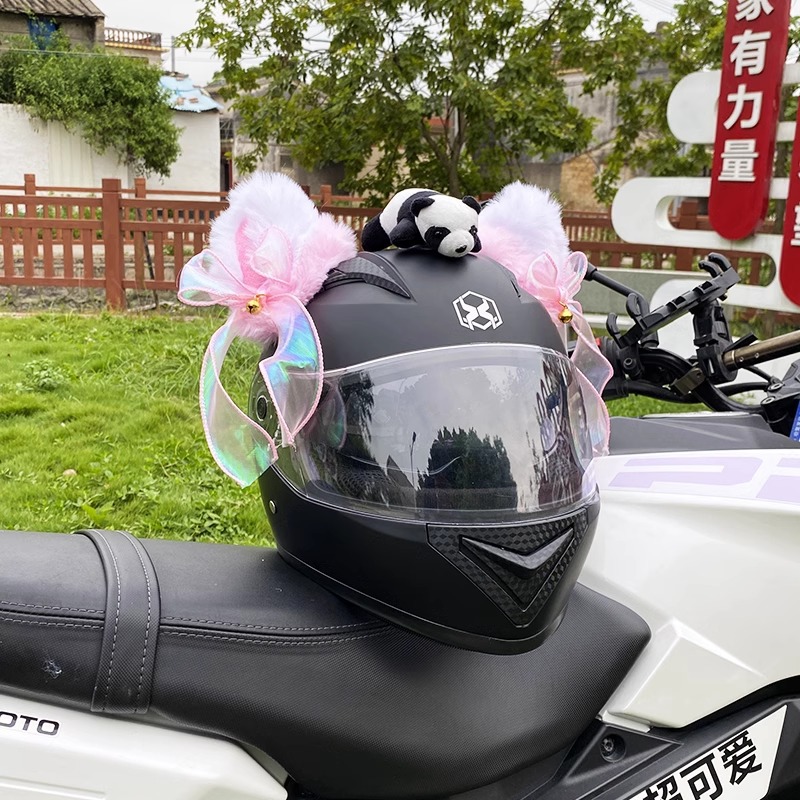 Creative Cute Streamer Pink White Cat Ear Helmet Decoration Motorcycle Electric Car Helmet Ski Helmet Small Accessories