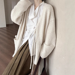 初打十三行秋冬新款法式羊毛宽松系带花纱针织开衫毛衣女ZA3153