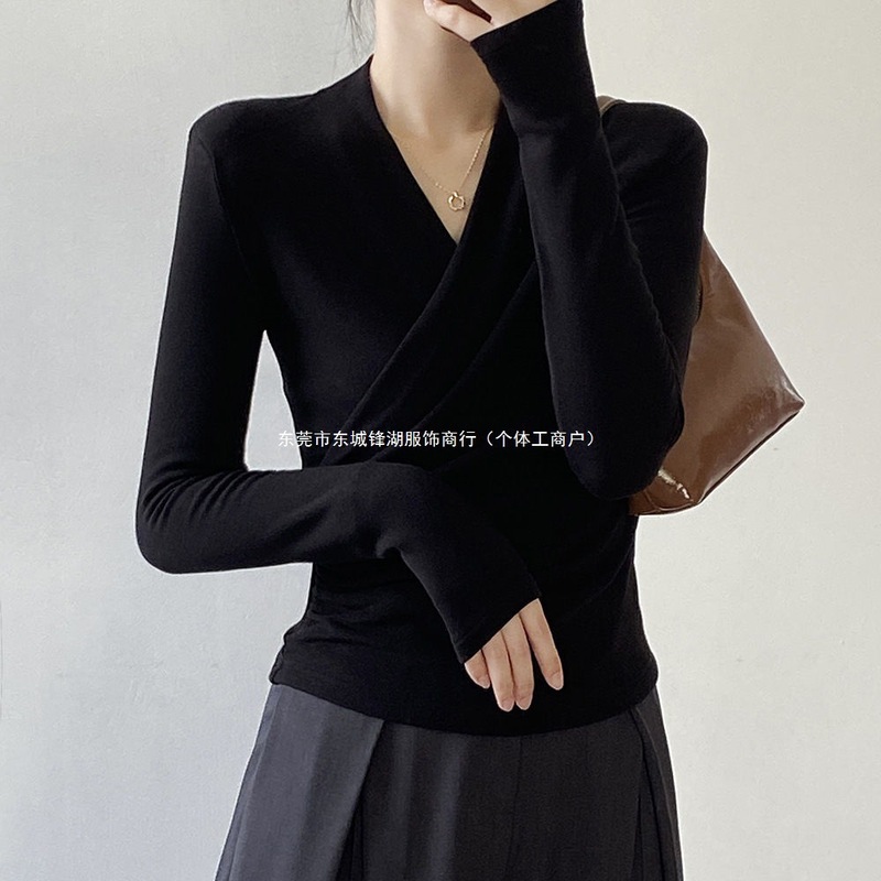 长袖恤女2025春季新款设计感领交叉外穿上衣百搭修身显瘦打底衫|undefined