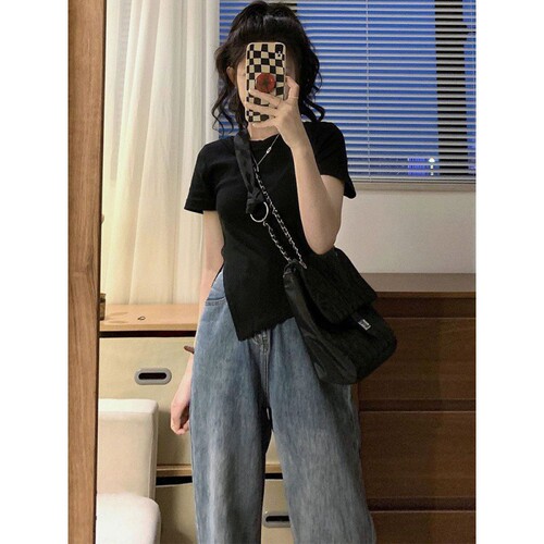 Summer Pear Shape Outfit One-Piece Set Asymmetrical T-Shirt Wide Leg Jeans Playful and Lively Youthful Two-Piece Set Instagram Style
