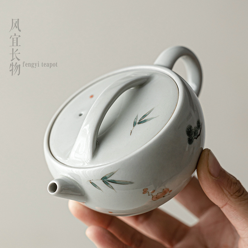 手绘岁寒三友茶壶单壶 草木灰泡茶壶 日式汉瓦壶陶瓷家用泡茶器