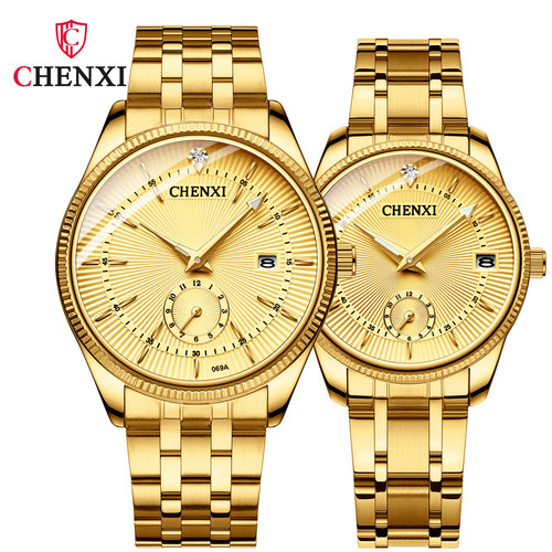 Dawn couple watch full gold couple watch two-hand half calendar cross-border men's and women's quartz watch