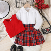 亚马逊跨境欧美女童套装秋款针织马甲长袖衬衣圣诞格子短裙三件套