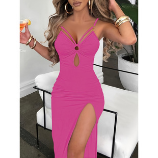 L 421 Split Thigh Hollow Out Ruched Dress Elegant Sleeves